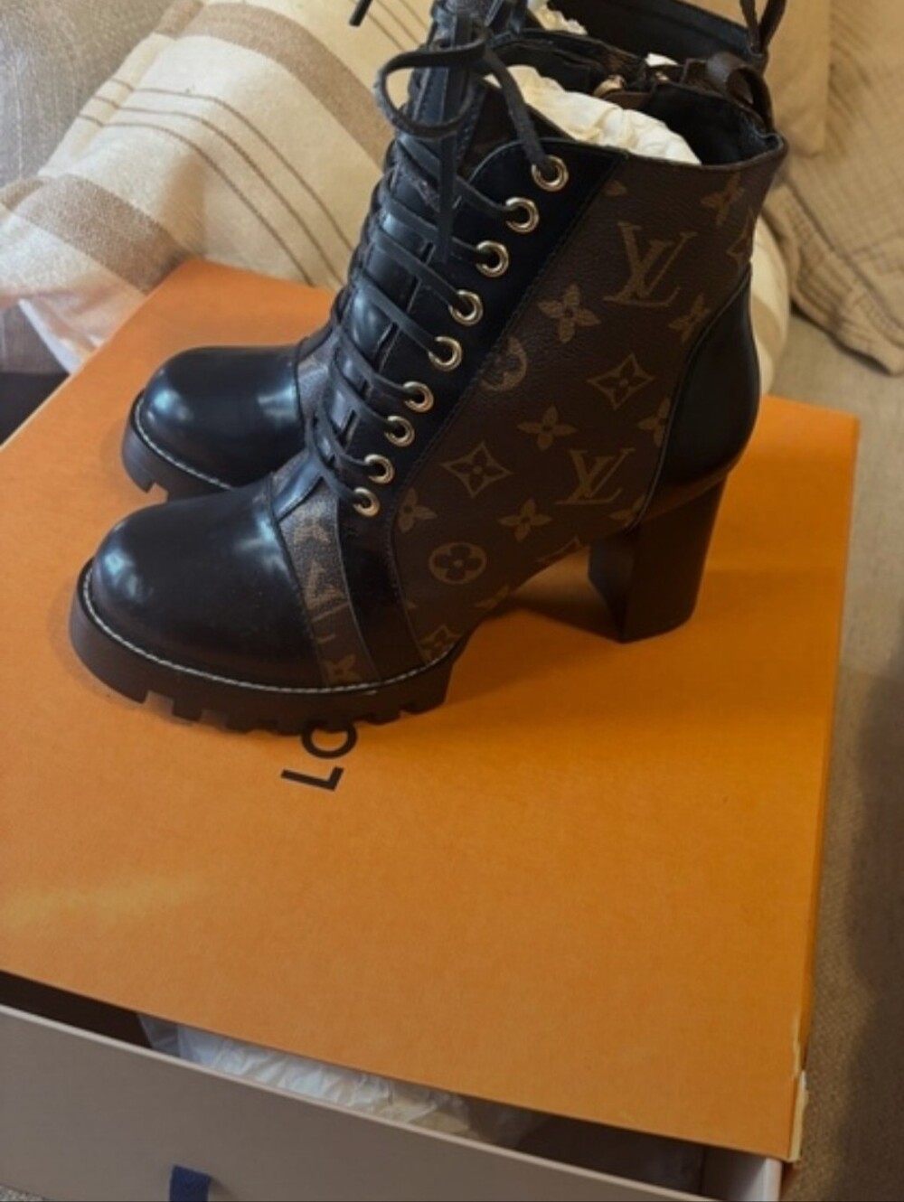 Louis Vuitton Brown and Black Monogram Lace-Up Heel Boots